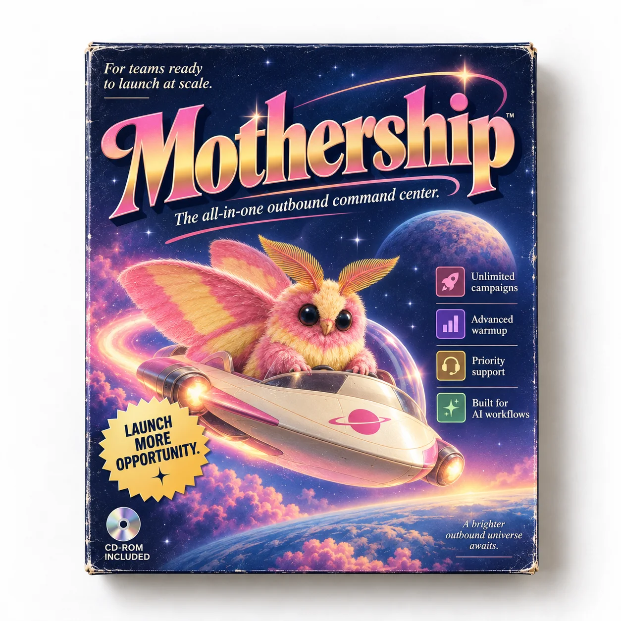 Mothership software box with the Sendsets moth in a spaceship